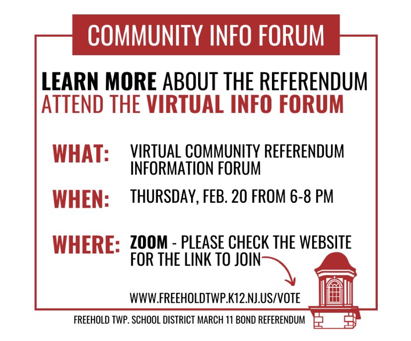 You’re invited! The district is hosting a Virtual Info Forum to talk about the upcoming March 11 bond referendum. There will be a presentation by the district staff and board members, plus the architect, bond counsel, and financial advisor – followed by Q &amp; A.