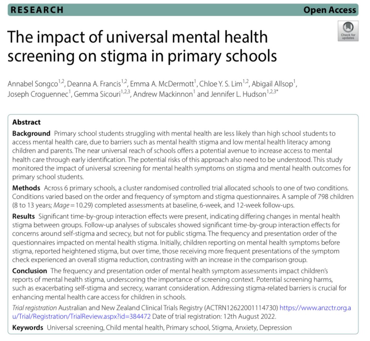 🌟 Excited to share our latest study on the impact of #MentalHealth screening on #Stigma in primary school children. 📚 Careful design and addressing stigma-related barriers are key to improving access to care! Read the full study here: rdcu.be/d7ZDc