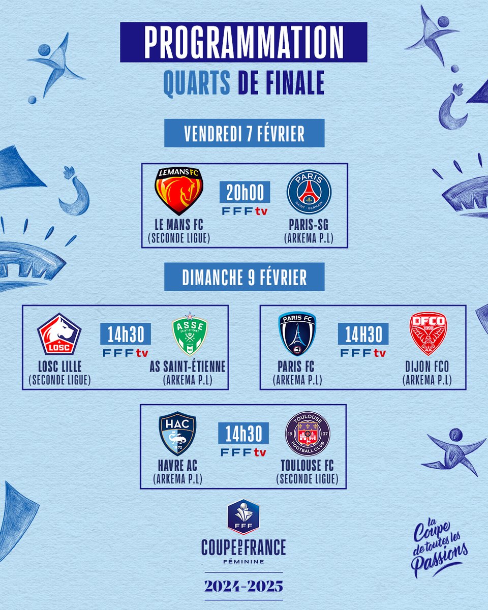 L'affiche <a href="/LEMANSFC/">LE MANS FC</a> vs <a href="/PSG_Feminines/">PSG Féminines</a> ouvre le bal ce soir des quarts de finale de la Coupe de France Féminine 🇫🇷 🏆
💻📱📺 ffftv.fff.fr/video/x9db5ba/…
Les rencontres de dimanche en direct ↙️
💻📱📺 ffftv.fff.fr/257-suite-et-f…