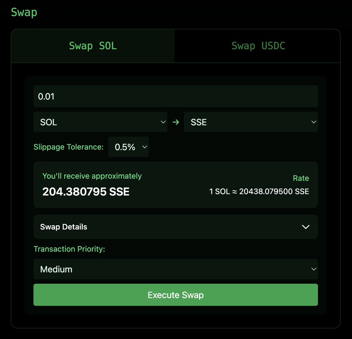 just made a huge ⚡️ improvement to the Swap Interface on token detail pages $SSE

* Set slippage tolerance
* Set priority fees
* Preview of output amount