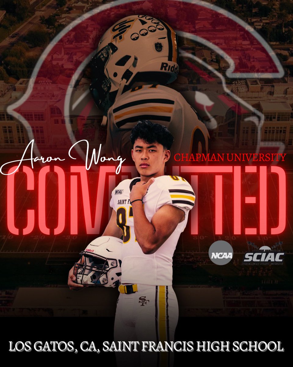 AaronWong2025's tweet photo. I’m excited to announce that I am committed to Chapman University football!Thank you @iclw5582 and Coach O for this amazing opportunity! 

@stfrancis_fb @ThomasLee919 @westcoastpreps_ @GetSportsFocus @WCALSports @cifccs @CalHiSports https://t.co/xrK5XnIA03