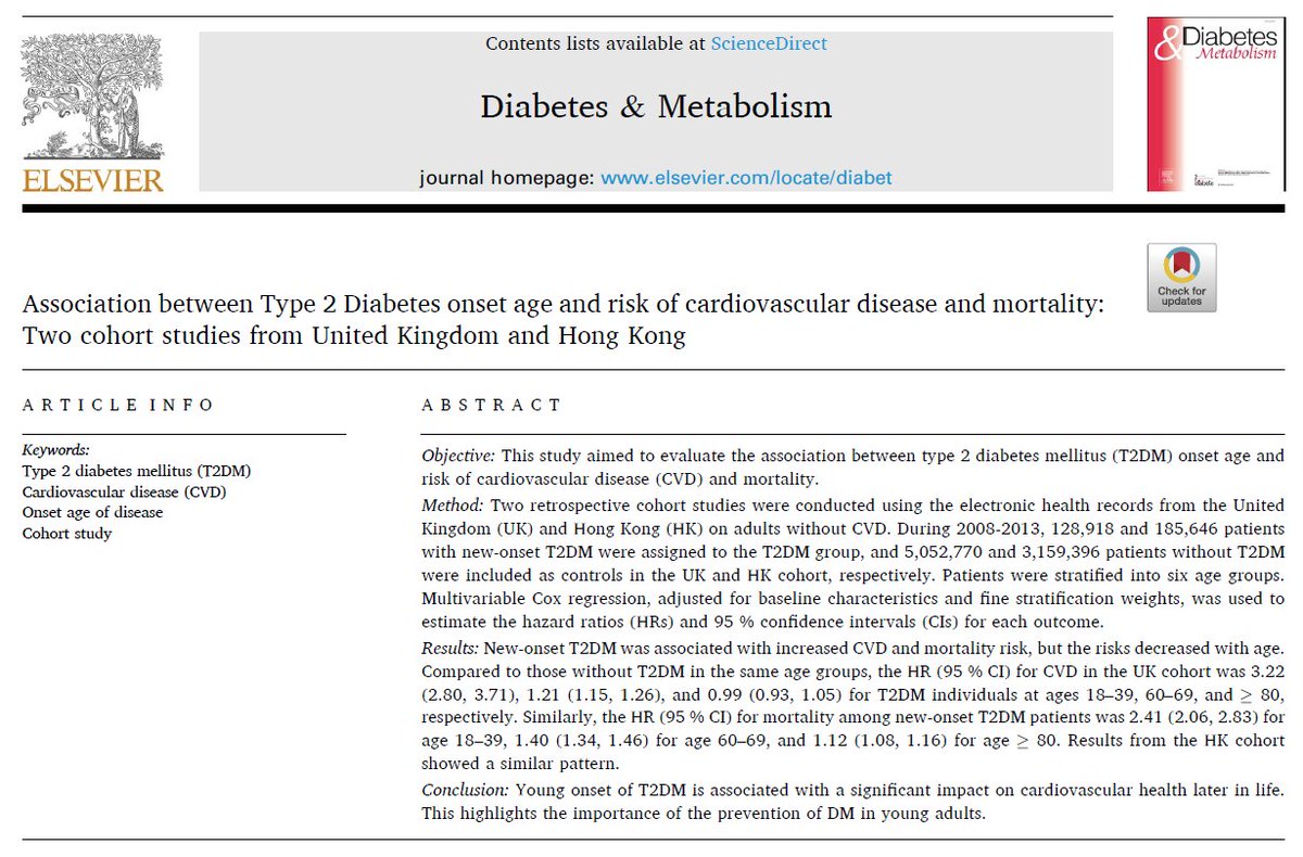 Our study in Diabetes &amp; Metabolism showed young onset of T2DM is associated with a significant impact on cardiovascular health later in life. This highlights the importance of the prevention of DM in young adults.
doi.org/10.1016/j.diab…