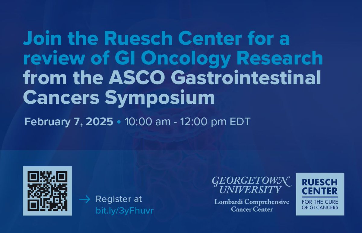 Cure GI Cancers (@rueschcenter) on Twitter photo Join us tomorrow, Feb 7th, to review <a href="/ASCO/">ASCO</a>
#GI25 meeting research with the <a href="/RueschCenter/">Cure GI Cancers</a>. <a href="/marshalj23/">John Marshall</a>, <a href="/benweinbergmd/">Benjamin Weinberg, MD, FACP</a>, <a href="/RuthHe12/">Ruth He, MD, PhD</a>, <a href="/mnoel3232/">Marcus S. Noel</a>, and <a href="/ReetuMukherjiMD/">Reetu Mukherji, MD</a> will highlight the most compelling abstracts in Colorectal, Pancreatic, Liver, and Upper GI cancers. Register today Join us tomorrow, Feb 7th, to review <a href="/ASCO/">ASCO</a>
#GI25 meeting research with the <a href="/RueschCenter/">Cure GI Cancers</a>. <a href="/marshalj23/">John Marshall</a>, <a href="/benweinbergmd/">Benjamin Weinberg, MD, FACP</a>, <a href="/RuthHe12/">Ruth He, MD, PhD</a>, <a href="/mnoel3232/">Marcus S. Noel</a>, and <a href="/ReetuMukherjiMD/">Reetu Mukherji, MD</a> will highlight the most compelling abstracts in Colorectal, Pancreatic, Liver, and Upper GI cancers. Register today
