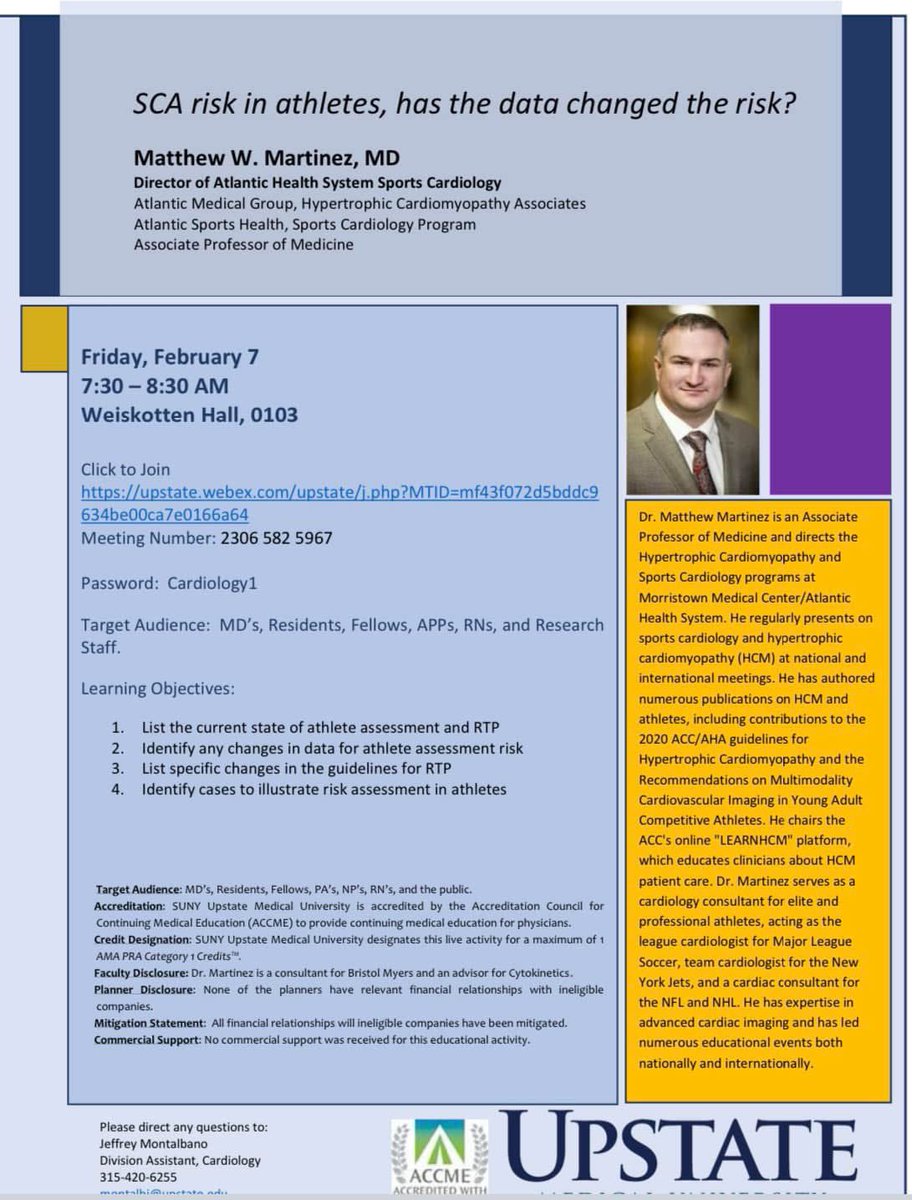 SUNY Upstate Cardiology Fellowship (@upstatecardiol1) on Twitter photo 🚨 Interested in learning about Sudden Cardiac Arrest 🫀 and Death in Athletes? Join us tomorrow in Weiskotten Hall for an invigorating 📚 by <a href="/mmartinezheart/">Matthew W Martinez</a>!
<a href="/ACCinTouch/">American College of Cardiology</a> <a href="/CynthiaTaub/">Cynthia Taub</a> <a href="/Syedarqum1/">Syed A Huda</a> <a href="/AndersonPrimus1/">Anderson Primus</a> <a href="/ashwath_ashwini/">Ashwini K Ashwath</a> <a href="/RonakBharucha/">Ronak Bharucha, DO</a> <a href="/tika_thinks/">Atika Azhar,MD</a> <a href="/ImjenishB/">Jenish Bhandari</a> 🚨 Interested in learning about Sudden Cardiac Arrest 🫀 and Death in Athletes? Join us tomorrow in Weiskotten Hall for an invigorating 📚 by <a href="/mmartinezheart/">Matthew W Martinez</a>!
<a href="/ACCinTouch/">American College of Cardiology</a> <a href="/CynthiaTaub/">Cynthia Taub</a> <a href="/Syedarqum1/">Syed A Huda</a> <a href="/AndersonPrimus1/">Anderson Primus</a> <a href="/ashwath_ashwini/">Ashwini K Ashwath</a> <a href="/RonakBharucha/">Ronak Bharucha, DO</a> <a href="/tika_thinks/">Atika Azhar,MD</a> <a href="/ImjenishB/">Jenish Bhandari</a>