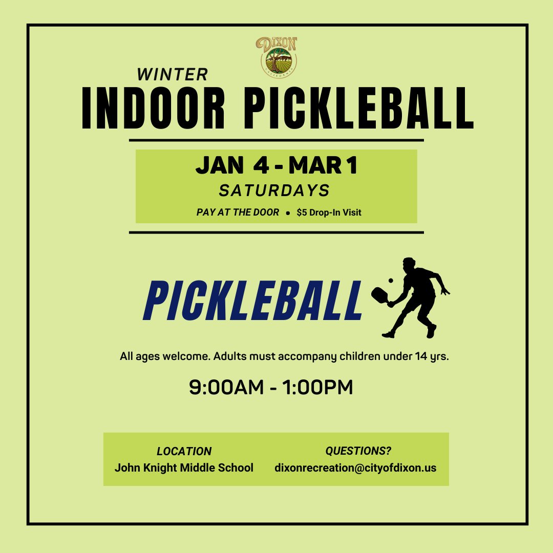 There are a few weekends left for indoor pickleball! Open play is offered on Saturdays from 9am-1pm at John Knight Middle School.