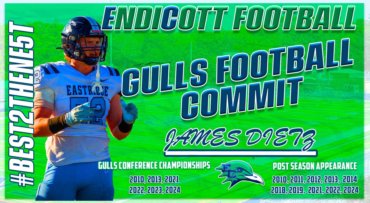 JamesDietz52 (@jamesdietz1452) on Twitter photo After taking an official visit and talking it over with my family, I would like to announce my commitment to <a href="/EndicottFB/">Endicott College Football</a>. Thank you to my coaches and thank you <a href="/CoachSqualli/">Mehdi Squalli</a>, <a href="/CoachMcGonagle/">Paul McGonagle</a> for the opportunity. <a href="/CoachVic5/">Victor Davidson</a>, <a href="/EridgeFootball/">Eastridge Football</a> , <a href="/Eastridge_EICSD/">Eastridge HS</a>, <a href="/EICSD/">East Irondequoit CSD</a> After taking an official visit and talking it over with my family, I would like to announce my commitment to <a href="/EndicottFB/">Endicott College Football</a>. Thank you to my coaches and thank you <a href="/CoachSqualli/">Mehdi Squalli</a>, <a href="/CoachMcGonagle/">Paul McGonagle</a> for the opportunity. <a href="/CoachVic5/">Victor Davidson</a>, <a href="/EridgeFootball/">Eastridge Football</a> , <a href="/Eastridge_EICSD/">Eastridge HS</a>, <a href="/EICSD/">East Irondequoit CSD</a>