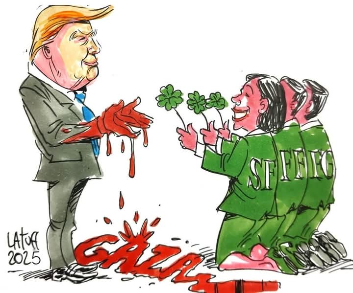 ciarantierney's tweet photo. "Who cares about ethnic cleansing when we've got Irish jobs to protect?"

Cartoon via @LatuffCartoons 

#Gaza
#GazaGenocide‌ 
#StPatricksDay https://t.co/DugEjVgPya