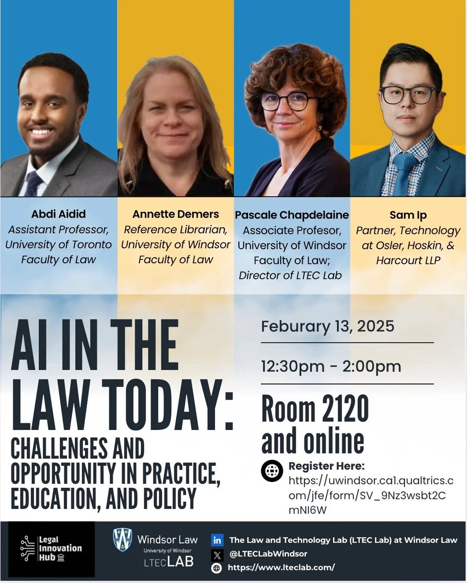 LTEC Lab (@lteclabwindsor) on Twitter photo Join <a href="/WindsorLaw/">Windsor Law</a> Legal Innovation Hub & LTEC Lab for this experts' panel discussion on the latest developments on AI in legal education and the practice of law, Thursday February 13 at 12:30-2pm (in person and online) lteclab.com/post/legal-inn… Join <a href="/WindsorLaw/">Windsor Law</a> Legal Innovation Hub & LTEC Lab for this experts' panel discussion on the latest developments on AI in legal education and the practice of law, Thursday February 13 at 12:30-2pm (in person and online) lteclab.com/post/legal-inn…