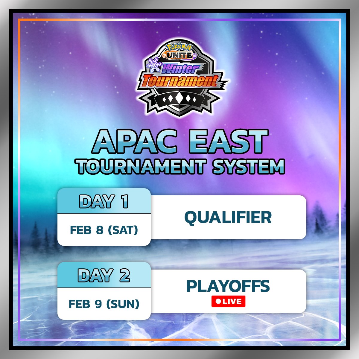 poke_unite_kr's tweet photo. 대회 스케줄:
APAC EAST Day 1: 2025년 2월 8일 싱글 앨리미네이션 TOP 8팀 결정
APAC EAST Day 2: 2025년 2월 9일(라이브 송출) 더블 앨리미네이션으로 PUACL2025 FINALS 진출팀 결정!
박력 넘치는 배틀을 기대해 주세요!
#PokemonUNITE #WinterOpen2025 #WinterOpen #APACEAST #RoadToTokyo #Esports https://t.co/bfziYTOlf3