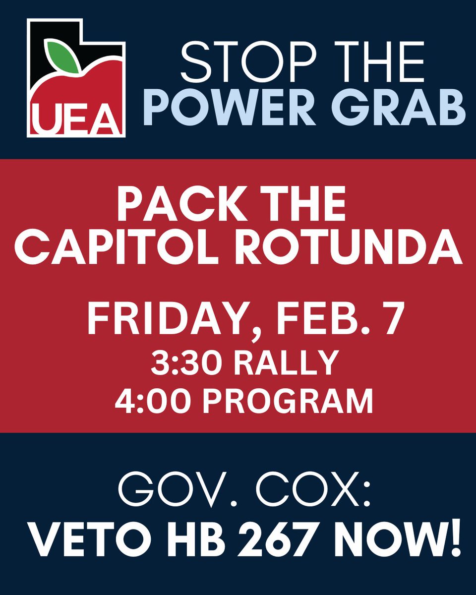 tom_nedreberg's tweet photo. 📷 PACK THE ROTUNDA! Join us Friday at 3:30 PM at the Utah Capitol to urge Governor Cox to VETO HB 267.

📷 Wear Red4Ed &amp; bring signs!
📷 Stand with educators &amp; public employees!
If you can’t be there, wear Red4Ed in solidarity! 

#VetoHB267 #Red4Ed #IamUEA https://t.co/3hxP8Z1Q85