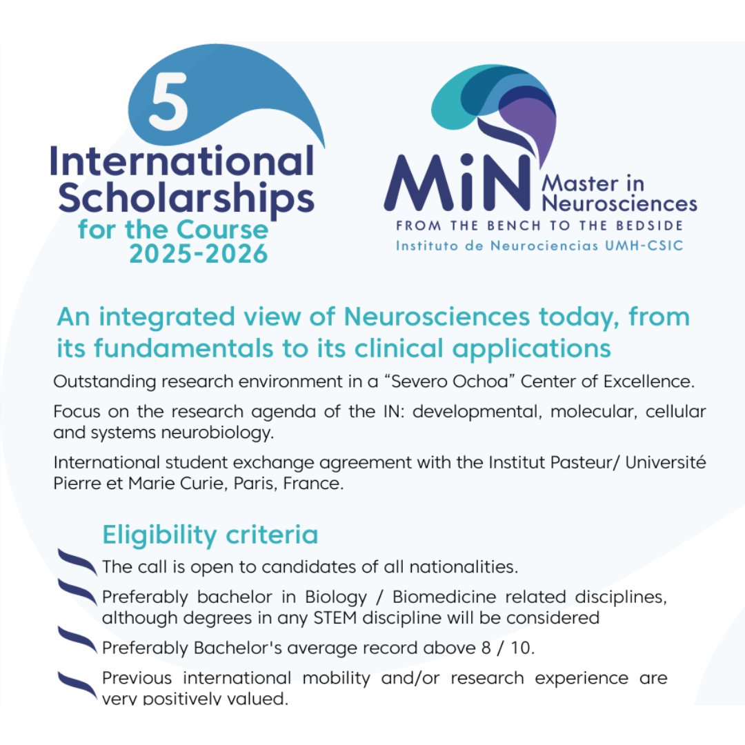 CPInst_ipn's tweet photo. El programa de Maestría en Neurociencias del Instituto de Neurociencias UMH-CSIC te ofrece la oportunidad de formarte en un Centro de Excelencia y colaborar con instituciones internacionales.
Más información y requisitos  https://t.co/kZMJhEdfPH
#Becas #internacionalización #IPN https://t.co/LG0qGkW4IE
