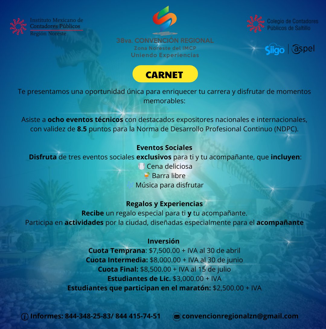 CCP_Saltillo's tweet photo. 38ª Convención Regional Zona Noreste del IMCP 📷¡Prepárate para días llenos de aprendizaje, networking y experiencias inolvidables!
¡Inscríbete ya y asegura tu lugar en este evento imperdible!
Registro: https://t.co/8t1OSC5xvt https://t.co/afh3VKs4wG