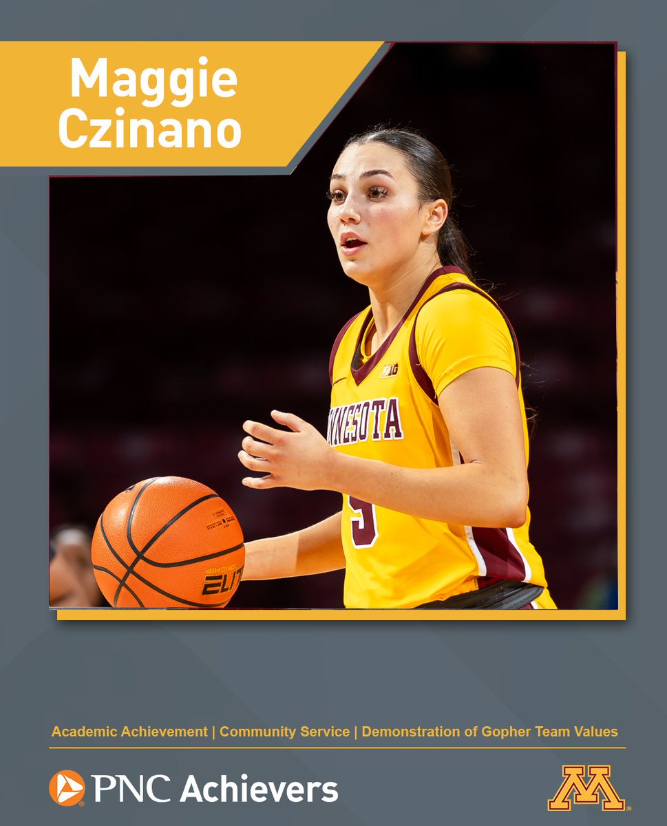 Minnesota Women's Basketball (@gopherwbb) on Twitter photo .<a href="/MaggieCzinano/">Maggie Czinano</a> was recognized tonight as a back-to-back PNC Achievers winner!
She was honored for her excellence in academics, community service, and demonstrating team values, as voted on by her peers and university staff
<a href="/PNCBank/">PNC Bank</a> is a proud sponsor of <a href="/GopherSports/">Minnesota Golden Gophers</a>! .<a href="/MaggieCzinano/">Maggie Czinano</a> was recognized tonight as a back-to-back PNC Achievers winner!
She was honored for her excellence in academics, community service, and demonstrating team values, as voted on by her peers and university staff
<a href="/PNCBank/">PNC Bank</a> is a proud sponsor of <a href="/GopherSports/">Minnesota Golden Gophers</a>!