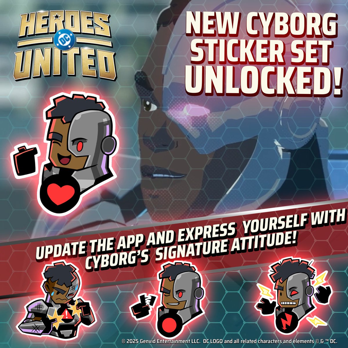 🤖 New Cyborg Sticker Set Unlocked! 🤖
Show off your style and bring some high-tech flair to your chats with the latest Cyborg stickers in DC Heroes United!
💬 Express yourself with Cyborg’s signature attitude
📲 Update your app now and start sticking!
click.dcheroesunited.com/1Zvt/playnow