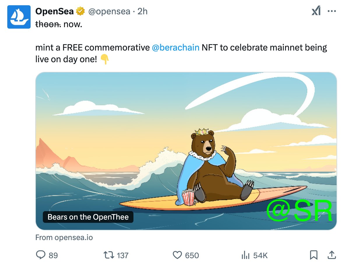 Bác nào có sẵn $Bera trong ví thì mint nha.

NFT Bears on the OpenThee 

✅Hàng chính chủ Opensea.

Phí mint: Free, chỉ trả 1 ít gas chain Bera.
Link mint

opensea.io/collection/bea…
Thời hạn: 9/2.
Limit: 2 NFT/ví.
<a href="/berachain/">Berachain Foundation 🐻⛓</a> 

x.com/SaruCrypto/sta…