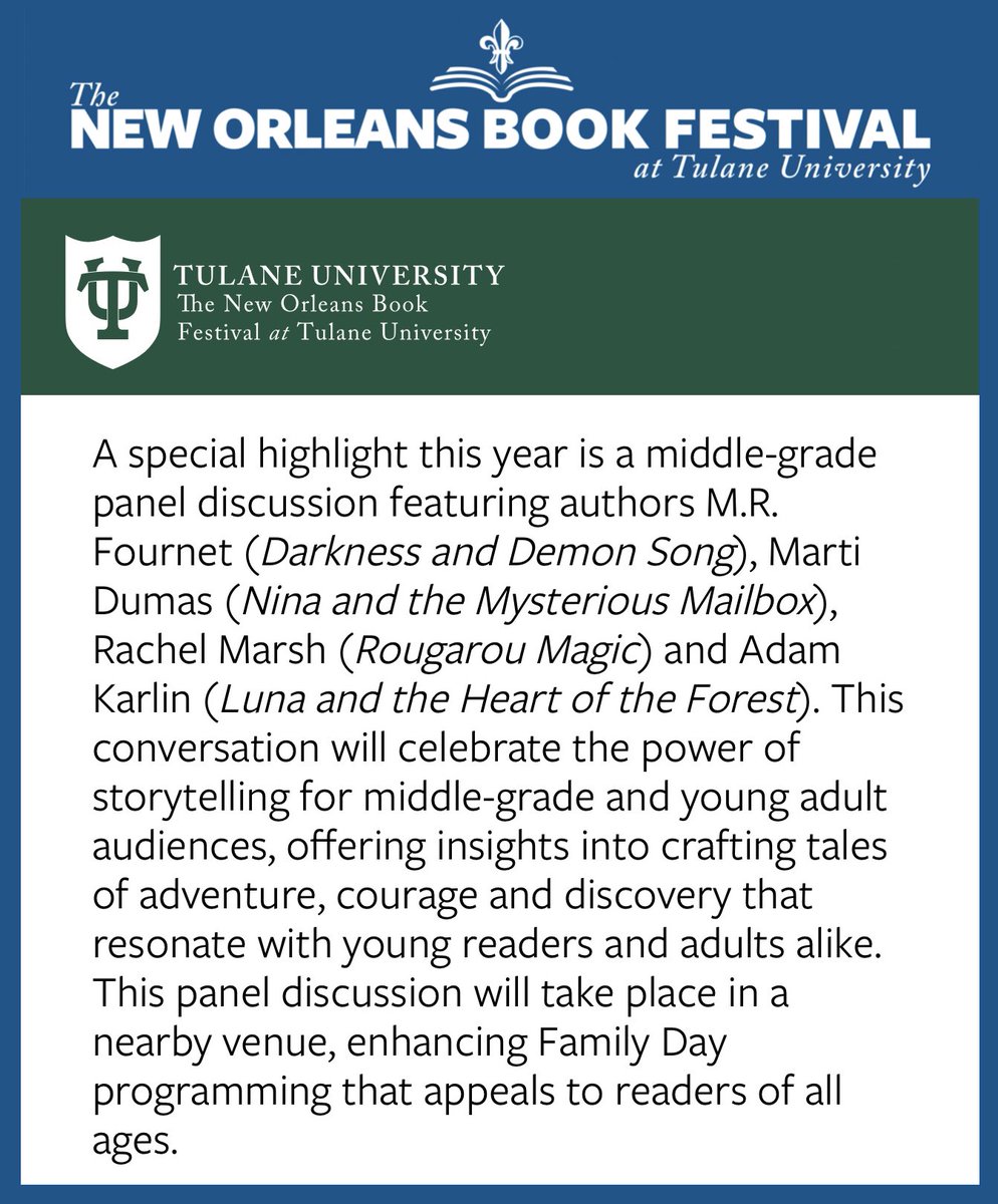M.R. Fournet (@mr_fournet) on Twitter photo Family Day at the New Orleans Book Festival! I will be doing a panel with some great authors on Saturday, March 29th. Programming goes from 10am-2pm. Come by and bring your kids! <a href="/NOLAbookfest/">NOLA Book Festival</a>
shorturl.at/5uaBy Family Day at the New Orleans Book Festival! I will be doing a panel with some great authors on Saturday, March 29th. Programming goes from 10am-2pm. Come by and bring your kids! <a href="/NOLAbookfest/">NOLA Book Festival</a>
shorturl.at/5uaBy