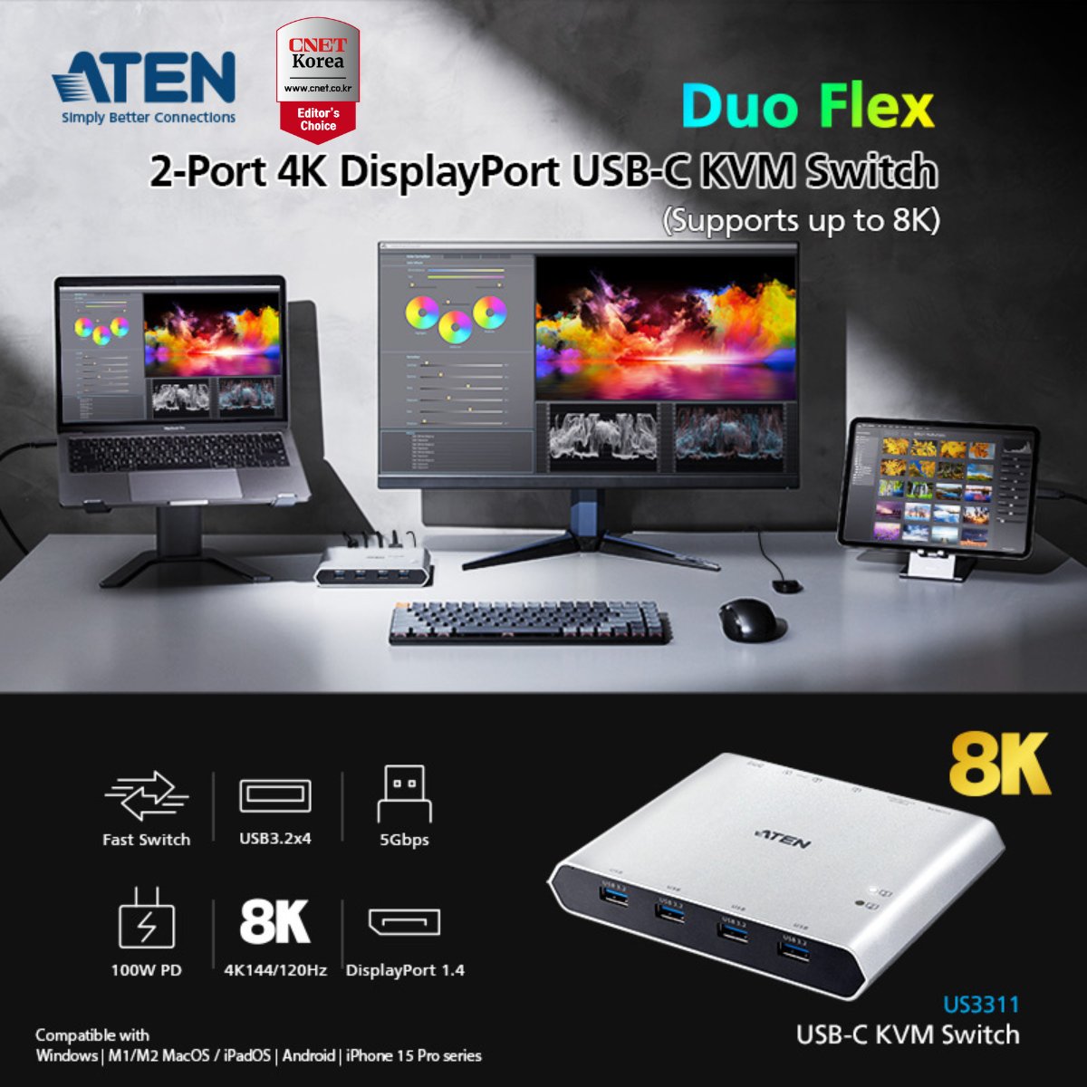 ATEN_ANZ's tweet image. 🎉 ATEN 2-Port 4K DisplayPort USB-C KVM Switch (US3311) Wins 2024 CNET Korea Editors&apos; Choice Award

🏆 The ATEN US3311 has been recognized in the 2024 CNET Korea Editors&apos; Choice Award PC Product category.

#ATEN #CNETKorea #US3311