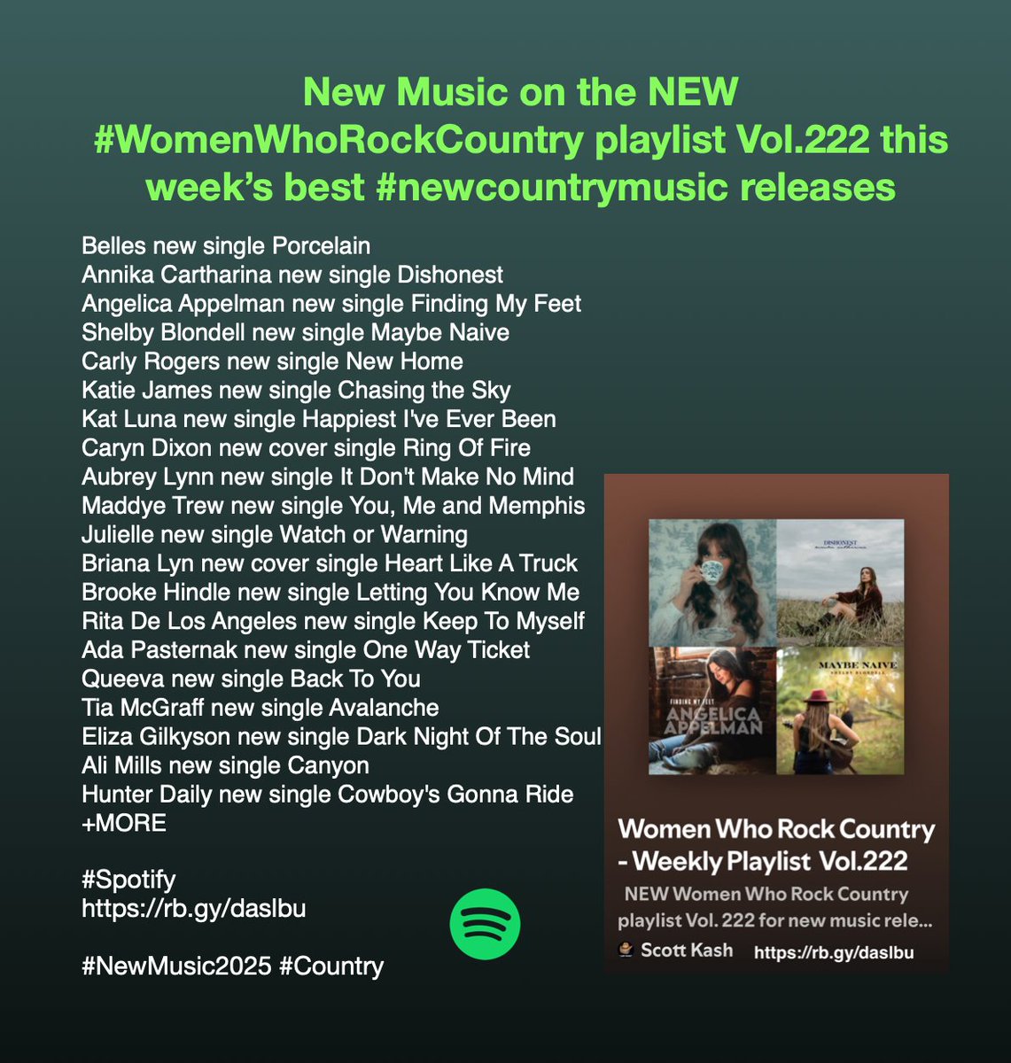 Scott Kash (@scottkash88) on Twitter photo New Music on the NEW #WomenWhoRockCountry playlist Vol.222 this week’s best #newcountrymusic releases
<a href="/CarlyRogMusic/">Carly Rogers</a> @katlunamusic <a href="/caryndixonmusic/">Caryn Dixon</a> <a href="/aubreylynnmusic/">Aubrey Lynn</a> <a href="/maddyetrew/">Maddye Trew</a> <a href="/BrianaLynMusic/">Briana Lyn Music</a> <a href="/brookehindle/">Brooke Hindle</a> <a href="/Rita_LosAngeles/">Rita de Los Angeles</a> <a href="/AdaPasternak/">✨Ada✨</a> <a href="/queevamusic/">Queeva</a> <a href="/TiaMcGraff/">Tia McGraff</a> <a href="/elizagilkyson/">Eliza Gilkyson</a> New Music on the NEW #WomenWhoRockCountry playlist Vol.222 this week’s best #newcountrymusic releases
<a href="/CarlyRogMusic/">Carly Rogers</a> @katlunamusic <a href="/caryndixonmusic/">Caryn Dixon</a> <a href="/aubreylynnmusic/">Aubrey Lynn</a> <a href="/maddyetrew/">Maddye Trew</a> <a href="/BrianaLynMusic/">Briana Lyn Music</a> <a href="/brookehindle/">Brooke Hindle</a> <a href="/Rita_LosAngeles/">Rita de Los Angeles</a> <a href="/AdaPasternak/">✨Ada✨</a> <a href="/queevamusic/">Queeva</a> <a href="/TiaMcGraff/">Tia McGraff</a> <a href="/elizagilkyson/">Eliza Gilkyson</a>
