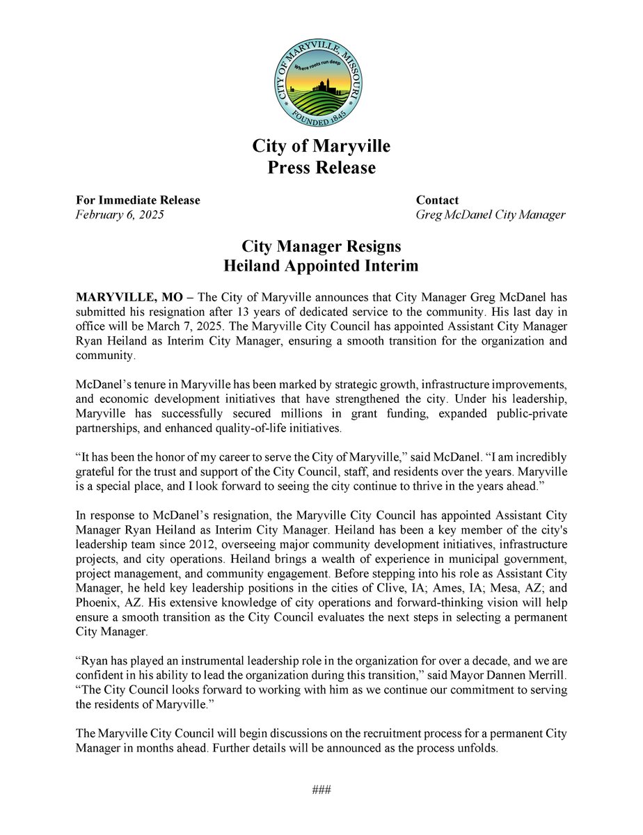 Words cannot express my love and appreciation for <a href="/MaryvilleMO/">City of Maryville</a> . Serving as City Manager for nearly 13 years has been the honor of my career. Local government is where real change happens, and I’m proud of what we’ve built together.

I’ve submitted my resignation, effective Feb.