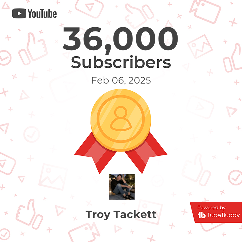 troytackett's tweet photo. Wow! We just hit 36,000 subscribers on Youtube! 🎉 I’m so grateful for each and every one of you—your support, your comments, and just being here means the world to me. This journey hasn’t always been easy, but knowing I have such an amazing community keeps me going. Thank you https://t.co/RUHoQznxrV
