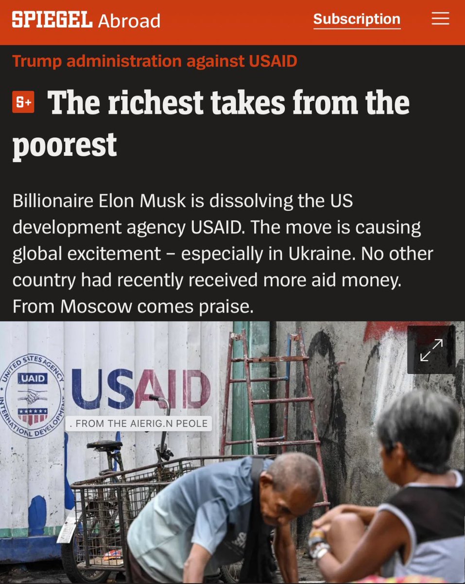 🚨 THIS IS HOW SPIEGEL FRAMES ELON MUSK VS USAID ⁉️

A starving elderly man in a poor district, hunched over. Behind him: A USAID sign. His last hope. Eradicated by the CRUEL Elon Musk. Play the sad violin 🎻 

What a grotesque misrepresentation of reality! SPIEGEL is GARBAGE 🚮