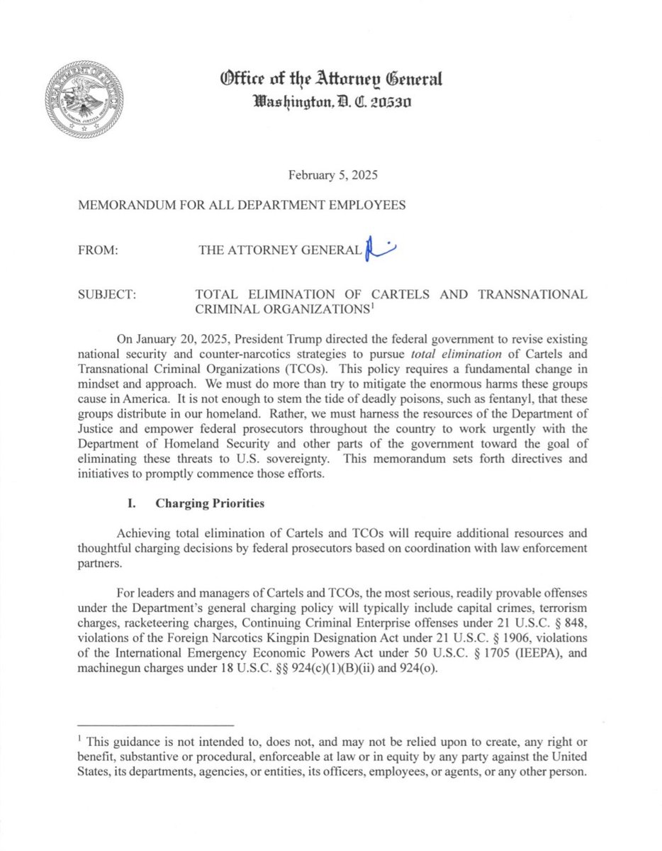 PalomaMendozaC's tweet photo. Memorándum firmado por la Fiscal General de Estados Unidos @PamBondi @TheJusticeDept para la *Eliminación total de cárteles y organizaciones criminales transnacionales* que incluye al Tren de Aragua, Mara Salvatrucha (MS-13), Cártel de Sinaloa y Cártel Jalisco Nueva Generación. https://t.co/VNYw754D95