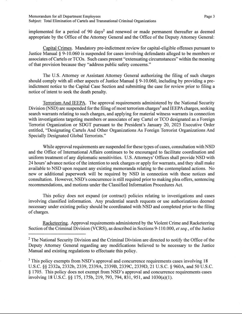 PalomaMendozaC's tweet photo. Memorándum firmado por la Fiscal General de Estados Unidos @PamBondi @TheJusticeDept para la *Eliminación total de cárteles y organizaciones criminales transnacionales* que incluye al Tren de Aragua, Mara Salvatrucha (MS-13), Cártel de Sinaloa y Cártel Jalisco Nueva Generación. https://t.co/VNYw754D95