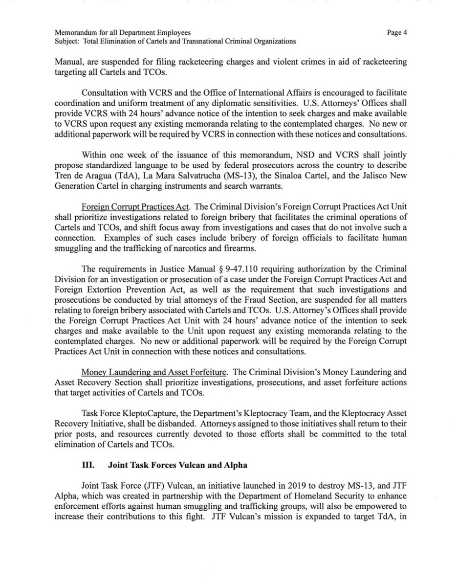 PalomaMendozaC's tweet photo. Memorándum firmado por la Fiscal General de Estados Unidos @PamBondi @TheJusticeDept para la *Eliminación total de cárteles y organizaciones criminales transnacionales* que incluye al Tren de Aragua, Mara Salvatrucha (MS-13), Cártel de Sinaloa y Cártel Jalisco Nueva Generación. https://t.co/VNYw754D95