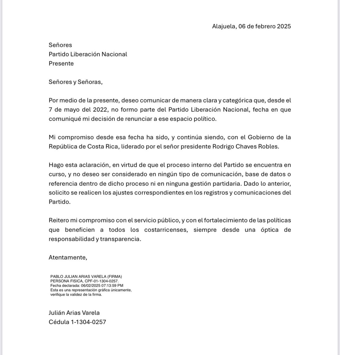No está de más aclarar que, por motivo del ejercicio de mi cargo como Viceministro del Gobierno de la República en la actual administración, renuncié a la militancia de la agrupación política en la que participé en el pasado. 

Esto, para evitar cualquier tipo de malentendido.