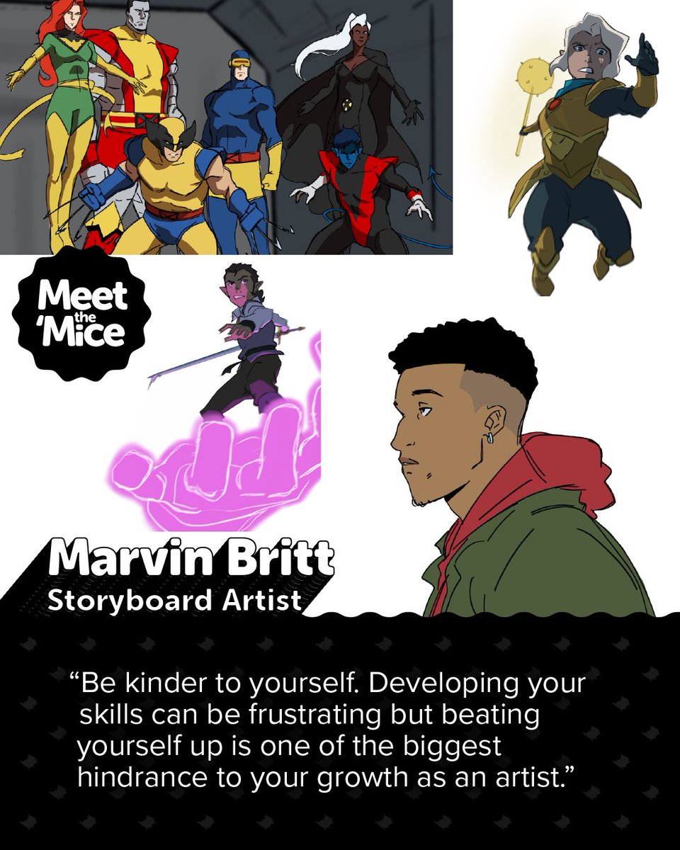 Ooooh baby we are (fairly) fresh into February and giddy to be celebrating #BlackHistoryMonth with our return of #MeetTheMice employee spotlights!

Meet @marvinbritt4, a storyboard artist with a love for cinema &amp; a very healthy perspective on being kind to yourself in this ebbing