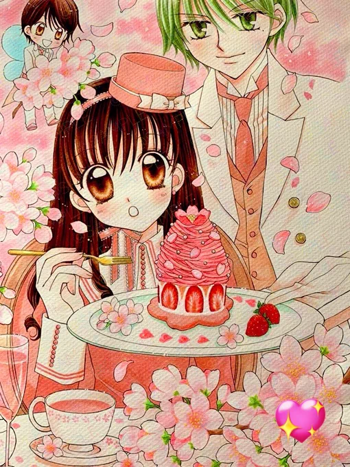 おはようございます夢色パティシェールカラー扉紹介企画⑧本編が花房くんの薔薇のエッセンスのエピソードなので、いちご花房カフェくんのスリーショットです。メインのケーキは読者さんのケーキデザインコンテストで優勝した方のもの。ケーキに合わせてをバックにしました。 