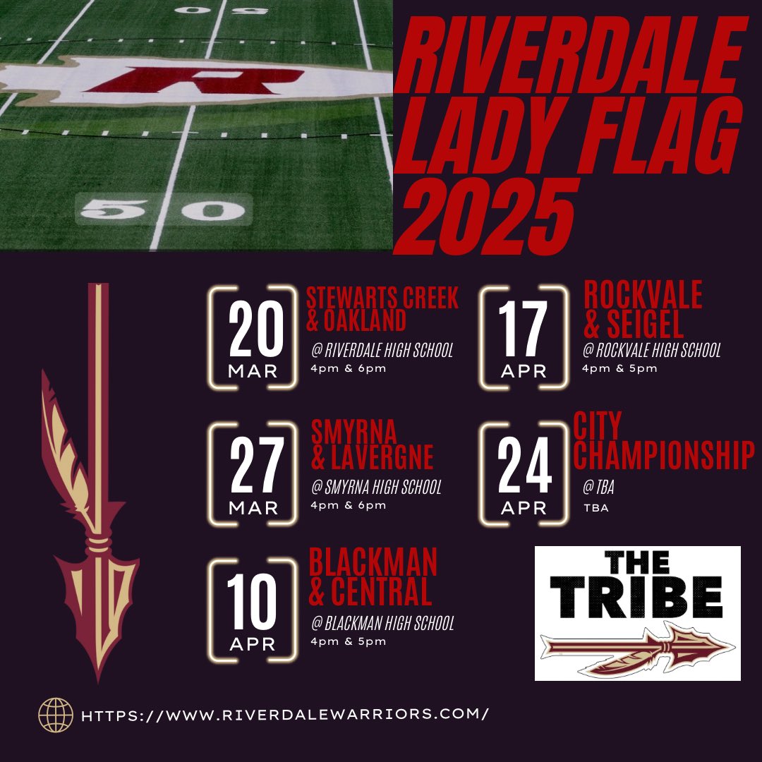 LadyWarriorFlagFootball (@daleladyflag) on Twitter photo The Riverdale Lady Warrior Flag Football Schedule is out!! Can’t wait to see what the Lady Warriors are going to accomplish in their first season!!
Arrows Up 🏹 🏹 <a href="/RHS_WarriorsFB/">Riverdale Football</a> <a href="/RiverdaleHighTN/">Riverdale HS</a> <a href="/RHS_SID/">David Limbaugh</a> The Riverdale Lady Warrior Flag Football Schedule is out!! Can’t wait to see what the Lady Warriors are going to accomplish in their first season!!
Arrows Up 🏹 🏹 <a href="/RHS_WarriorsFB/">Riverdale Football</a> <a href="/RiverdaleHighTN/">Riverdale HS</a> <a href="/RHS_SID/">David Limbaugh</a>