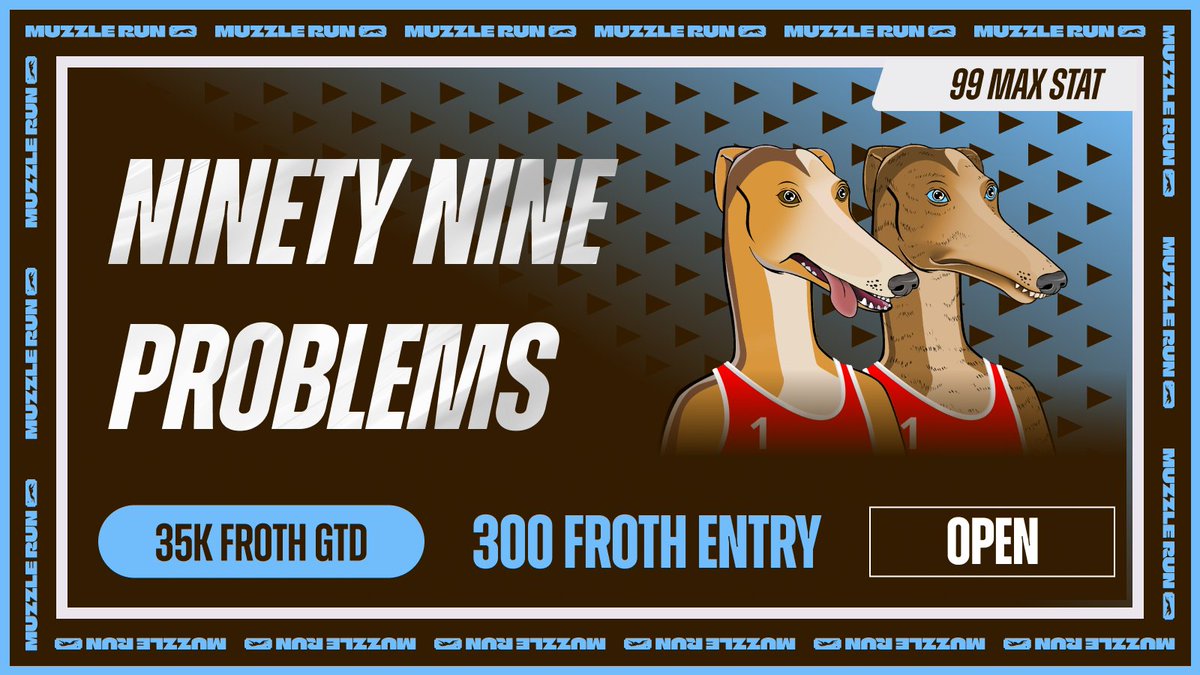 🔥 It's RACE DAY! 🔥 The 99 Problems tournament jumps TODAY! 🐕‍🦺 Dogs with 99 MAX stats (SPD, ACC, END, CNS) battle it out over 6 rounds + a final for the top 8! 🏆 Last chance to enter! muzzle.run #99Problems #GreyhoundRacing #RaceDay #Web3Gaming #web3 #CryptoGaming