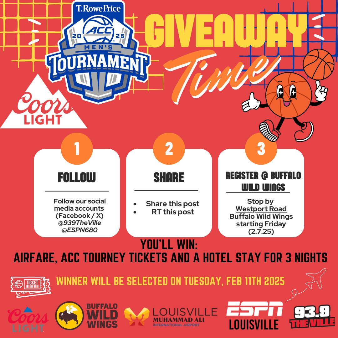 939TheVille (@939theville) on Twitter photo Do you want to win a trip to the ACC tournament? ESPN Louisville is going to giveaway one prize pack away courtesy of the <a href="/FlyLouisville/">FlyLouisville (SDF)</a> and <a href="/CoorsLight/">Coors Light</a>!
You can enter three (3) different ways:
1) Twitter/X : (Like/RT this post)
2) Facebook (Like/Share this post)
3) You Do you want to win a trip to the ACC tournament? ESPN Louisville is going to giveaway one prize pack away courtesy of the <a href="/FlyLouisville/">FlyLouisville (SDF)</a> and <a href="/CoorsLight/">Coors Light</a>!
You can enter three (3) different ways:
1) Twitter/X : (Like/RT this post)
2) Facebook (Like/Share this post)
3) You