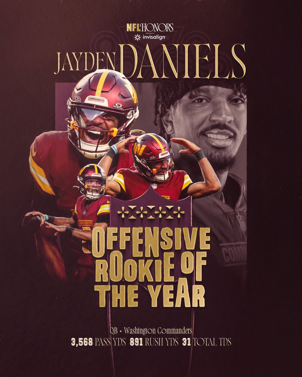 NFL (@nfl) on Twitter photo From Heisman winner to Offensive Rookie of the Year. 🔥 #NFLHonors
<a href="/JayD__5/">Jayden Daniels</a> <a href="/Commanders/">Washington Commanders</a> From Heisman winner to Offensive Rookie of the Year. 🔥 #NFLHonors
<a href="/JayD__5/">Jayden Daniels</a> <a href="/Commanders/">Washington Commanders</a>