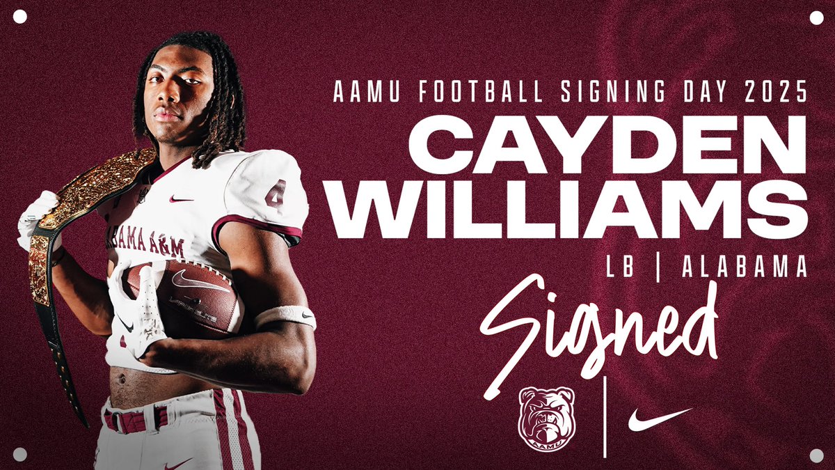 Alabama A&M Athletics (@_aamuathletics) on Twitter photo Welcome To The Hill!
Cayden Williams
Linebacker
6-2 / 210
Daphne, AL
<a href="/nextup_Cwill/">Cayden williams</a>
#NSD25 #DACHASE πΆ Welcome To The Hill!
Cayden Williams
Linebacker
6-2 / 210
Daphne, AL
<a href="/nextup_Cwill/">Cayden williams</a>
#NSD25 #DACHASE πΆ