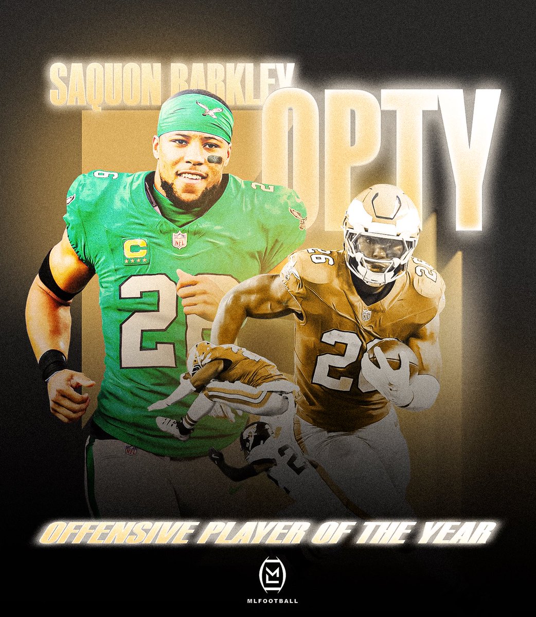 MLFootball's tweet photo. CONGRATULATIONS TO SAQUON BARKLEY ON BEING THE 2024 #NFL OFFENSIVE PLAYER OF THE YEAR.

ONE OF THE GREATEST SEASONS OF ALL-TIME:

• 2,447 rushing yards
• 20 touchdowns
• 313 receiving yards
• 2,760 combined yards

(📸: @Candido24k_) https://t.co/9LLwfRRvTd