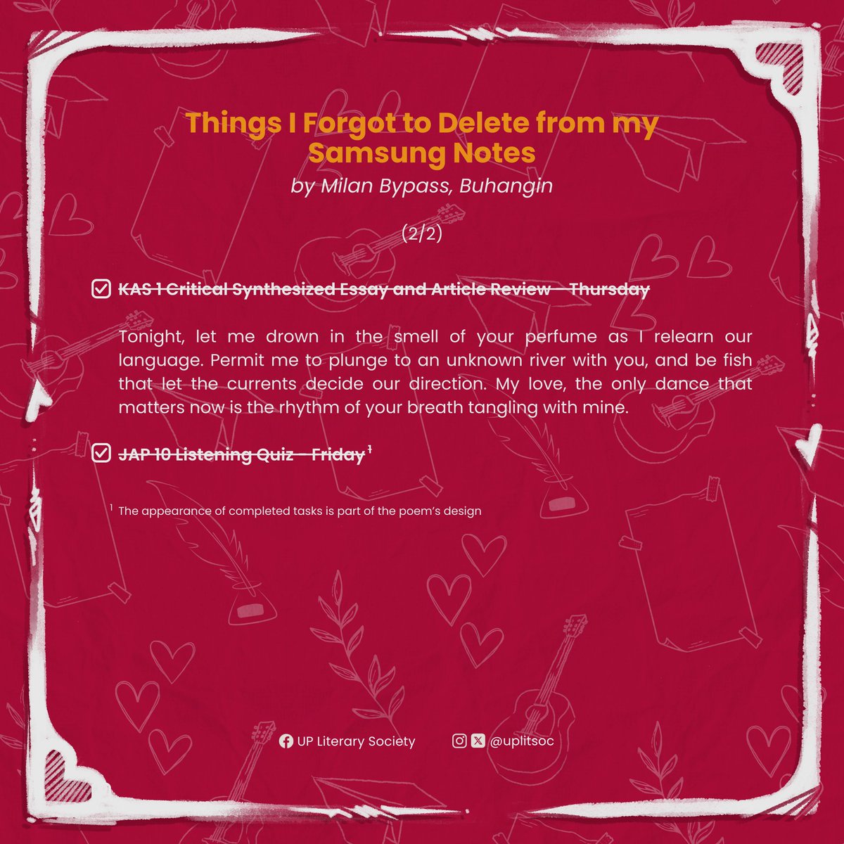 💌𝐊𝐚𝐩𝐚𝐠 𝐦𝐚𝐡𝐚𝐥 𝐦𝐨, 𝐬𝐚𝐛𝐢𝐡𝐢𝐧 𝐦𝐨.

Ikinagagalak ng UP Literary Society na ihandog ang unang pangkat ng mga liham at likha para sa 𝐋𝐮𝐦𝐢𝐡𝐚𝐦: 𝐕𝐚𝐥𝐞𝐧𝐭𝐢𝐧𝐞'𝐬 𝐃𝐚𝐲! 💕