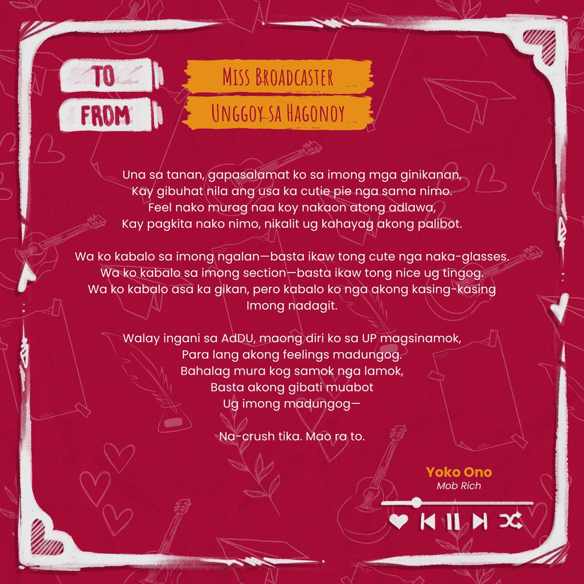 uplitsoc's tweet photo. 💌𝐊𝐚𝐩𝐚𝐠 𝐦𝐚𝐡𝐚𝐥 𝐦𝐨, 𝐬𝐚𝐛𝐢𝐡𝐢𝐧 𝐦𝐨.

Ikinagagalak ng UP Literary Society na ihandog ang unang pangkat ng mga liham at likha para sa 𝐋𝐮𝐦𝐢𝐡𝐚𝐦: 𝐕𝐚𝐥𝐞𝐧𝐭𝐢𝐧𝐞'𝐬 𝐃𝐚𝐲! 💕 https://t.co/dZuivbgGYa