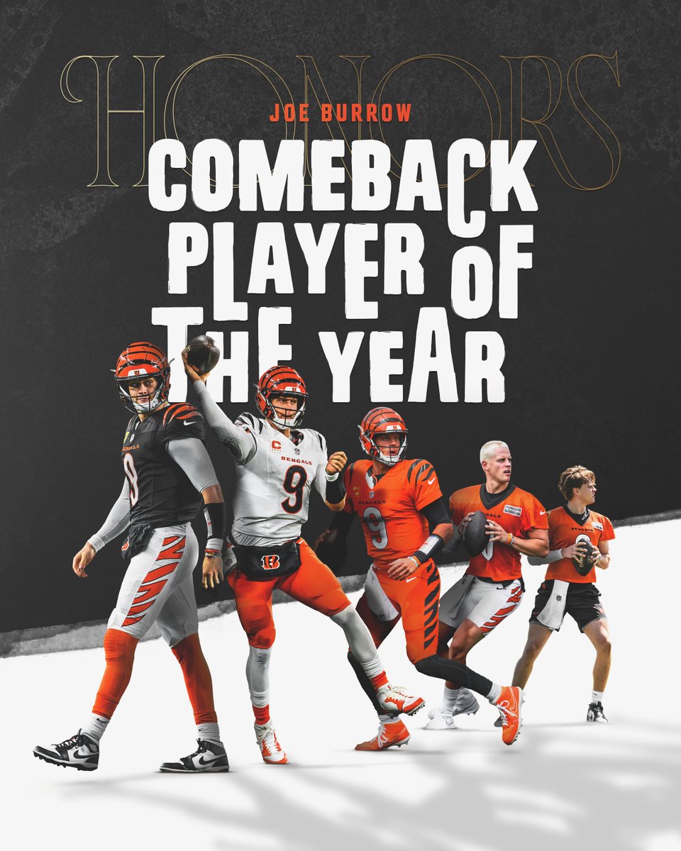 Cincinnati Bengals (@bengals) on Twitter photo Joe Burrow is the 2024 <a href="/AP/">The Associated Press</a> NFL Comeback Player of the Year.
<a href="/JoeyB/">Joey Burrow</a> x #NFLHonors Joe Burrow is the 2024 <a href="/AP/">The Associated Press</a> NFL Comeback Player of the Year.
<a href="/JoeyB/">Joey Burrow</a> x #NFLHonors