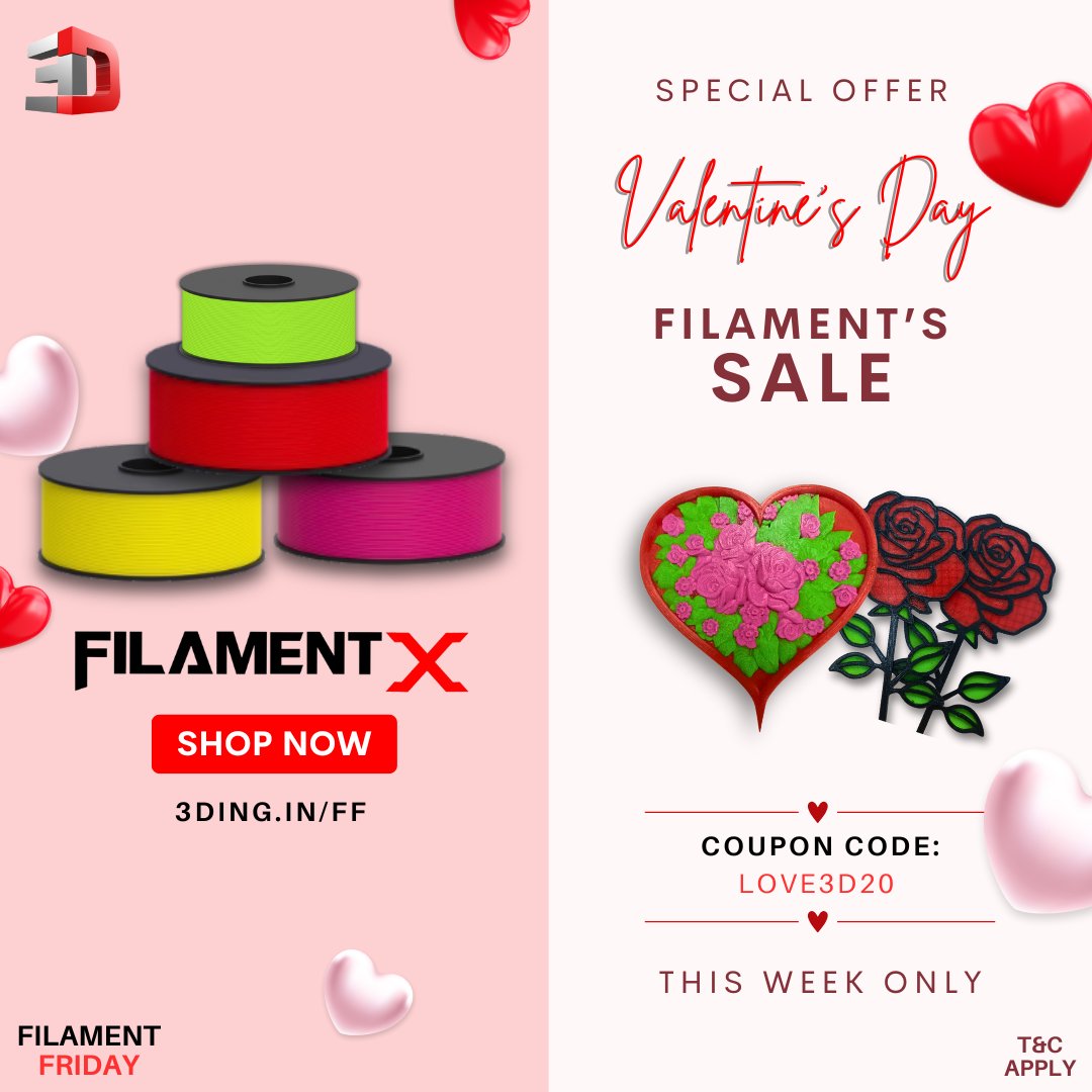 3DingIndia's tweet photo. ❤️ Celebrate Love with 3D Creations! ❤️
This Valentine's, make something special with FilamentX! 🎨✨
💖 Special Offer – Use code LOVE3D20 &amp; enjoy exclusive discounts!
🛍 Shop Now: https://t.co/d03yYC6sWT

  Hurry! Offer valid this week only!

#valentinesday #3dprinting https://t.co/IKKlTKFOEI
