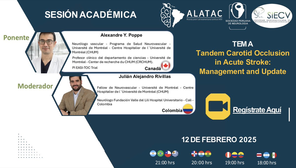 Alianza Joven Latinoamericana contra el ACV (@alatacv) on Twitter photo 🌍📚 ¡No te pierdas esta nueva Sesión Académica!
📆 12 de febrero
🕘 21hrs 🇦🇷/🇨🇱| 20hrs 🇨🇴| 19hrs 🇲🇽
💡Tandem Carotid Occlusion in Acute Stroke: Management & Update
👨🏫 Ponente: <a href="/PoppeAY/">Alexandre Poppe</a> 🇨🇦
🗣️ Moderador: <a href="/Rivillas_JA/">Julián Alejandro Rivillas</a> 🇨🇴
🔗 Regístrate aquí: us02web.zoom.us/webinar/regist…
Te esperamos! 🌍📚 ¡No te pierdas esta nueva Sesión Académica!
📆 12 de febrero
🕘 21hrs 🇦🇷/🇨🇱| 20hrs 🇨🇴| 19hrs 🇲🇽
💡Tandem Carotid Occlusion in Acute Stroke: Management & Update
👨🏫 Ponente: <a href="/PoppeAY/">Alexandre Poppe</a> 🇨🇦
🗣️ Moderador: <a href="/Rivillas_JA/">Julián Alejandro Rivillas</a> 🇨🇴
🔗 Regístrate aquí: us02web.zoom.us/webinar/regist…
Te esperamos!