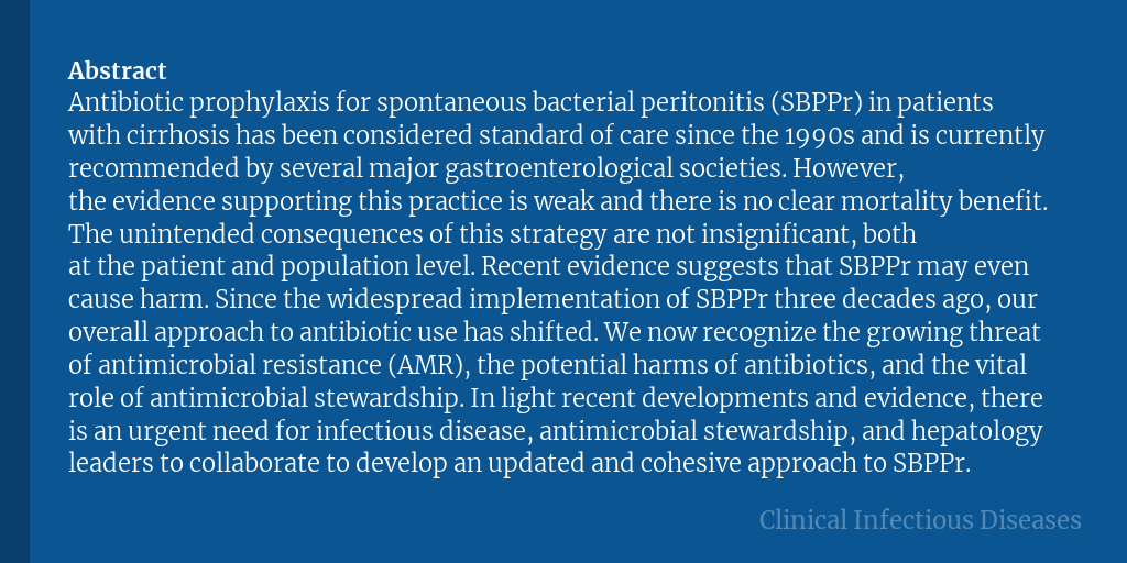 Clinical Infectious Diseases (@cidjournal) on Twitter photo Rethinking Antibiotic Prophylaxis for Spontaneous Bacterial Peritonitis in Patients with Cirrhosis: First Do No Harm
✅ Just Accepted
✍️ <a href="/Dr_Dan_Markley/">Dan Markley</a>, <a href="/JasmohanBajaj/">Jasmohan Bajaj</a>
🔗 bit.ly/40MerMr Rethinking Antibiotic Prophylaxis for Spontaneous Bacterial Peritonitis in Patients with Cirrhosis: First Do No Harm
✅ Just Accepted
✍️ <a href="/Dr_Dan_Markley/">Dan Markley</a>, <a href="/JasmohanBajaj/">Jasmohan Bajaj</a>
🔗 bit.ly/40MerMr