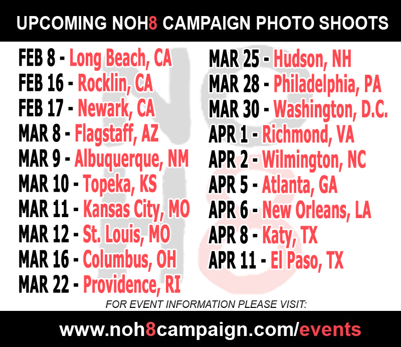 New cities &amp; dates announced! 📣 Be a part of the #NOH8 movement by joining us at one of our upcoming events 📷🌈 Share to help spread the word! 
🔹Feb 8 - #LongBeach, CA: tinyurl.com/2p84vd9a
🔹Feb 16 - #Rocklin, CA: tinyurl.com/4fzcmts5
🔹Feb 17 - #Newark, CA: