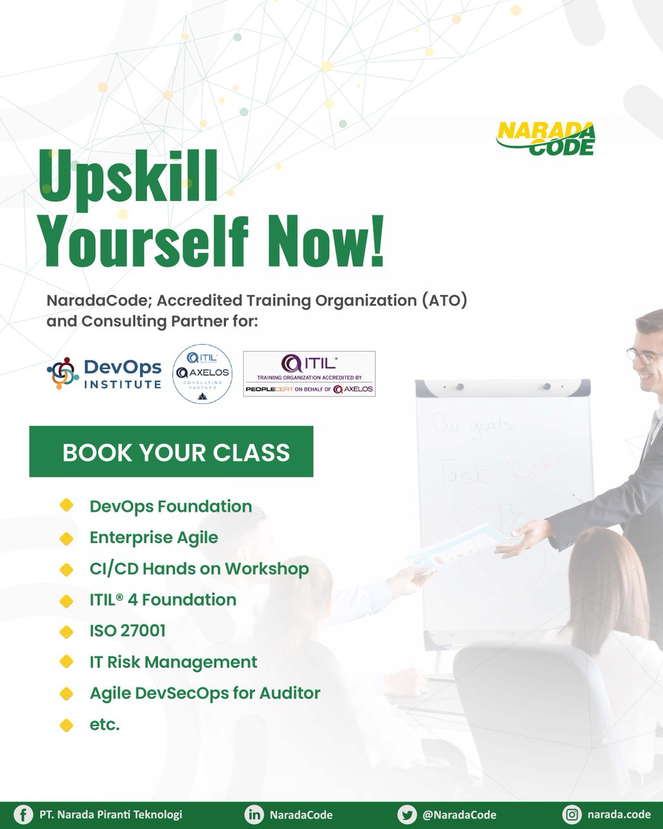 NaradaCode's tweet image. Upgrade your IT skills and boost your career with NaradaCode! Bergabunglah dengan kami untuk memperoleh keterampilan dan sertifikasi DevOps, ITIL4, dan lainnya yang dibutuhkan untuk sukses di karir Anda.
#devops #itil4 #devopsfoundation #devsecopsfoundation #itilfoundation