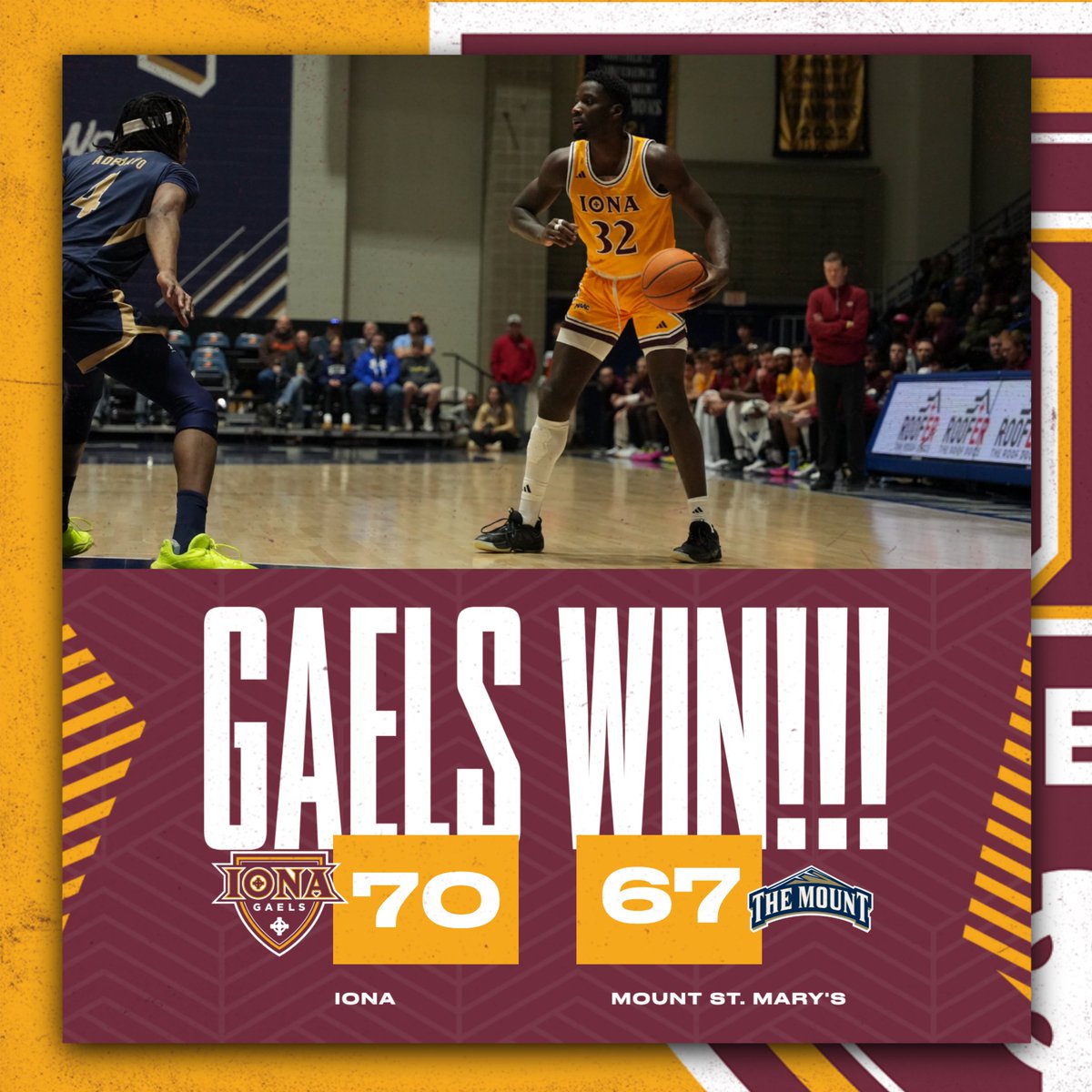 #GAELSWIN!!! #Iona 70, #MountStMarys 67

A Daedae buzzer beater hands the Gaels a W in their first overtime game since January 2023!

Moundi grabs an 1️⃣1️⃣ point, 1️⃣1️⃣ rebound double-double while Jungers shoots 50% from 3 and finishes with 14 points!

#GaelNation #MAACHoops
