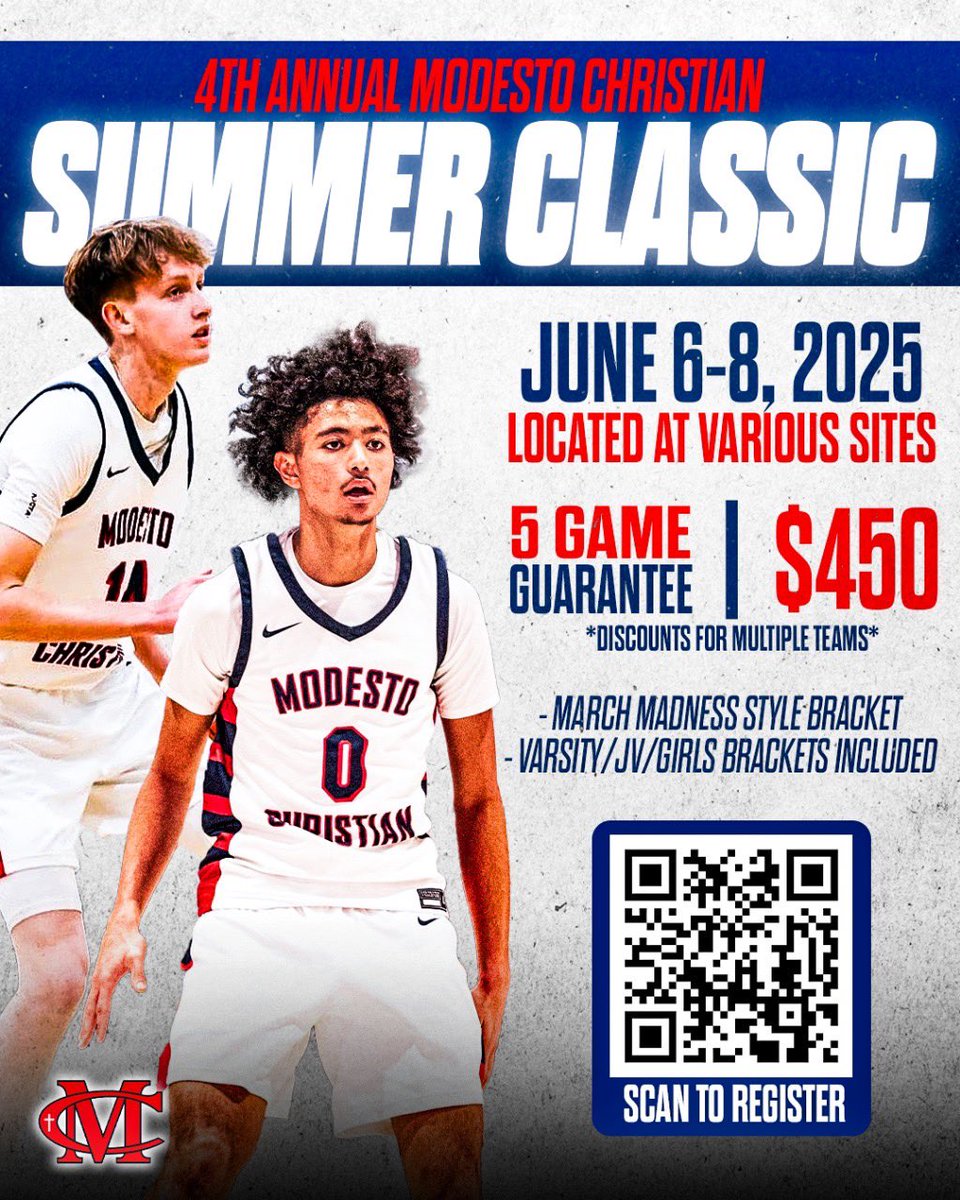 Modesto Christian Summer Classic (@mcsummerclassic) on Twitter photo Excited to have our summer tournament back for the fourth straight summer! Best non-Live period event in Northern California and only one constructed as a March Madness style bracket!
Use QR code to signup today as spots are limited!! Excited to have our summer tournament back for the fourth straight summer! Best non-Live period event in Northern California and only one constructed as a March Madness style bracket!
Use QR code to signup today as spots are limited!!