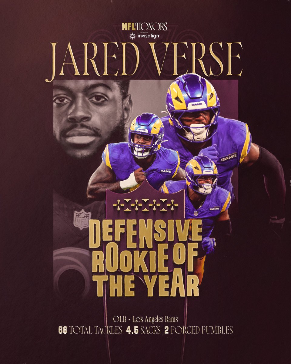 NFL (@nfl) on Twitter photo Jared Verse takes home Defensive Rookie of the Year โผ๏ธ #NFLHonors
<a href="/JaredVerse1/">Jared Verse</a> <a href="/RamsNFL/">Los Angeles Rams</a> Jared Verse takes home Defensive Rookie of the Year โผ๏ธ #NFLHonors
<a href="/JaredVerse1/">Jared Verse</a> <a href="/RamsNFL/">Los Angeles Rams</a>