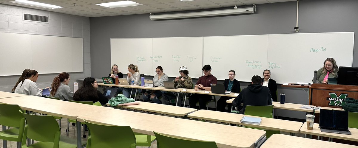 Students in Dr. Terry Hapney’s JMC 438–PR Case Studies—played various positions in a local community (mayor, school superintendent, police chief, fire chief, etc.) that is responding to a mock disaster crisis. The students carried out a press conference attended by journalists.