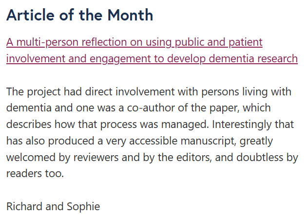 Research Involvement and Engagement - February Article of the Month is now live! 🎉 "A multi-person reflection on using public and patient involvement and engagement to develop dementia research" is featured on our website. Check it out at researchinvolvement.biomedcentral.com/articles/10.11… 📷